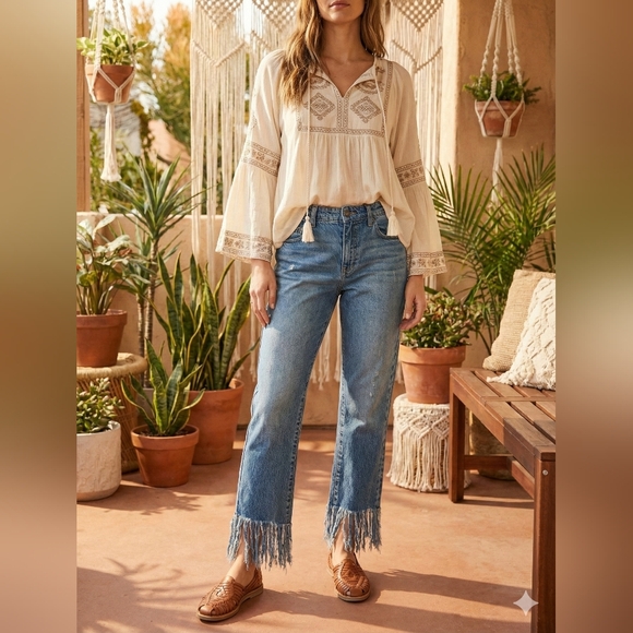 Anthropologie Denim - Anthropologie Pilcro Hyphen Mid Rise Straight Leg Jeans 29 Fringe Hem Boho